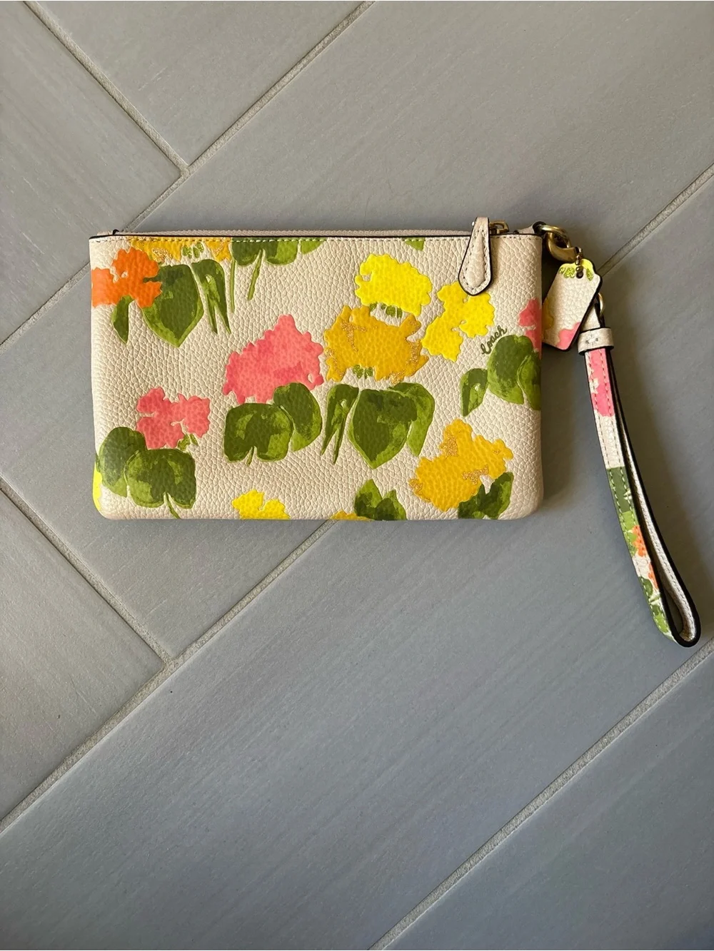 COACH Floral Leather Wristlet in Cream with Yellow, Pink & Green